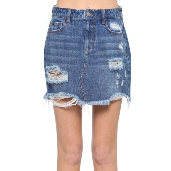 Cello High Rise Dark Denim Destroy Mini Skirt - Picture 6 of 6